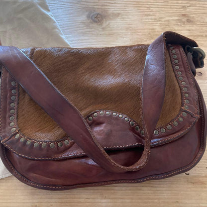 CAMPOMAGGI Leather Shoulder Bag Brown Calf Hair Studded Italy Crossbody Vintage