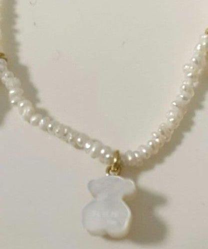 TOUS 18K Yellow Gold Mother of Pearl Charm Necklace Star Moon Bear 14.9in Unused