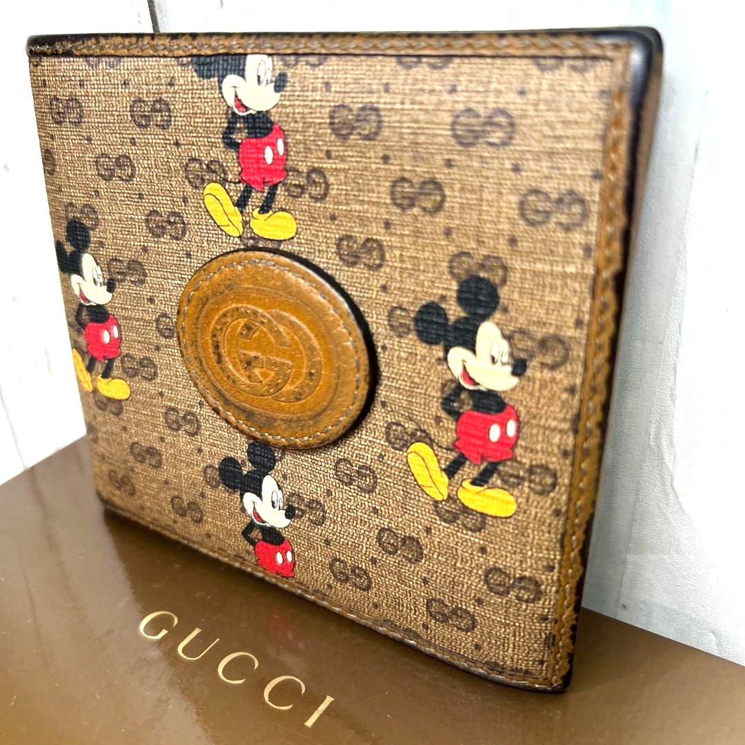 GUCCI x Disney Mickey Mouse GG Supreme Bifold Wallet Brown Leather 602549 Used
