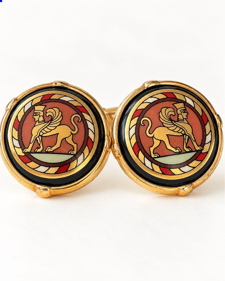 MICHAELA FREY WIEN Vintage Cufflinks Gold Tone Sphinx Round Design Austria Men