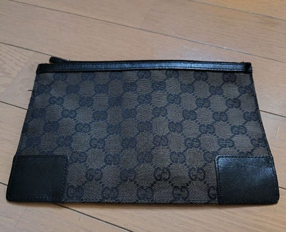 Gucci GG Dark Brown Canvas Leather Pouch 15 x 22.5cm 5.9 x 8.9 in