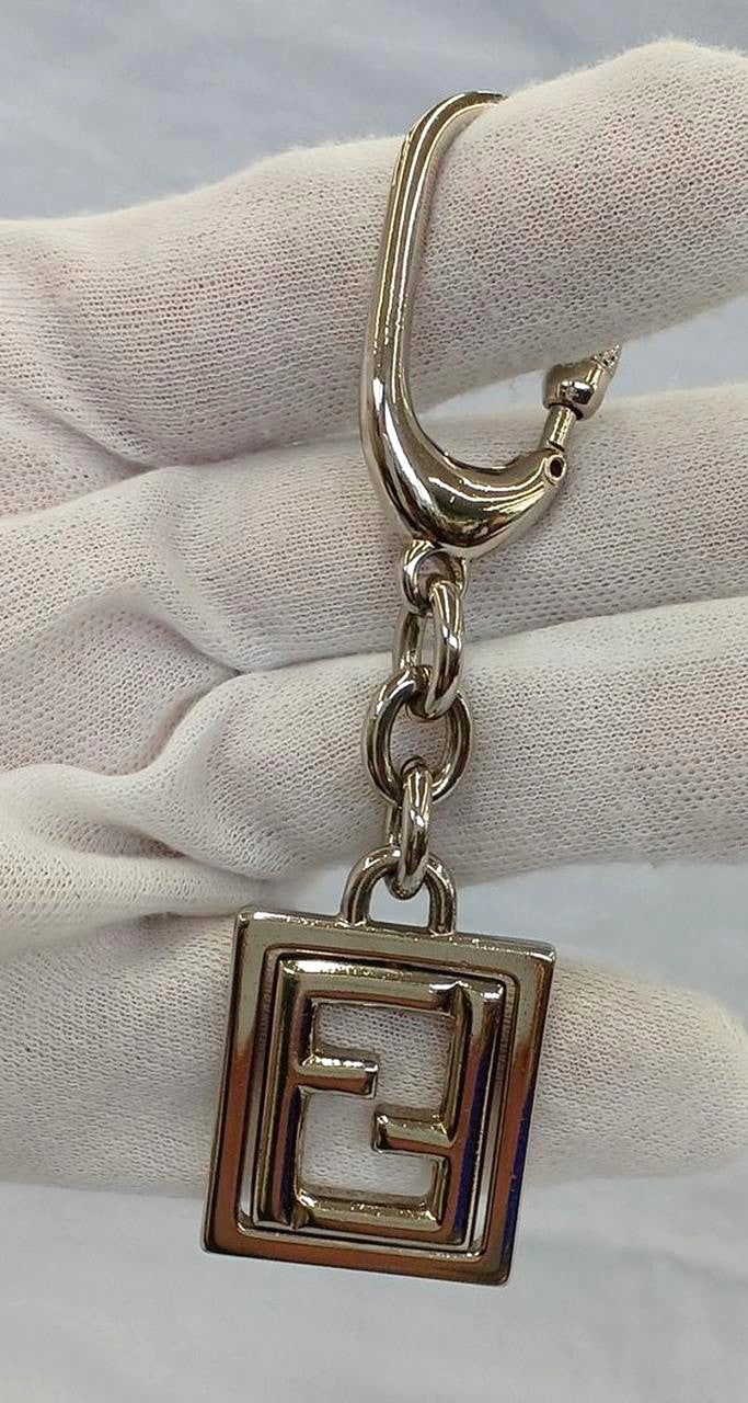 FENDI Zucca FF Logo Keychain Key Ring Charm Silver Tone Metal Italy Vintage