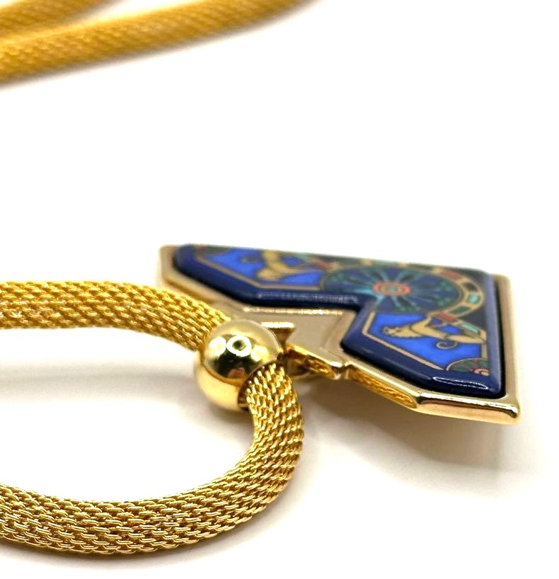 Michaela Frey Wien Enamel Pendant Necklace Blue Gold Mesh Chain 17.7in Austria