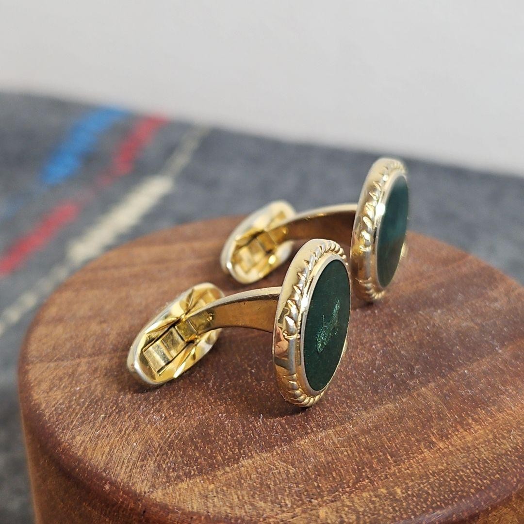 CELINE Carriage Logo Cufflinks Emerald Green Gold Tone Vintage Mens Accessory