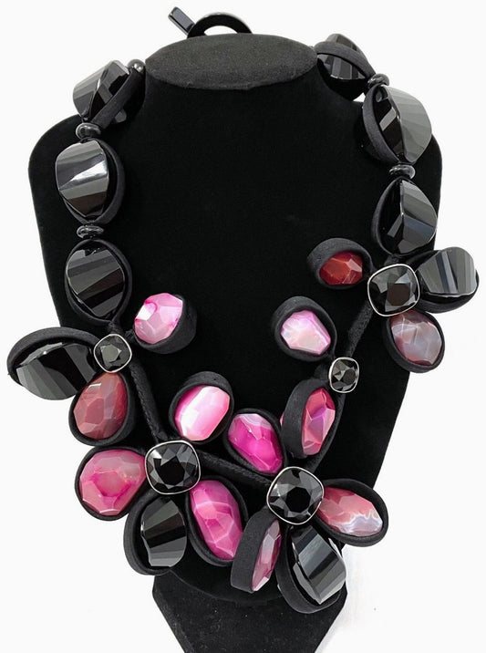 Giorgio Armani Statement Necklace Color Stone Black Pink Purple 42cm 16.5in