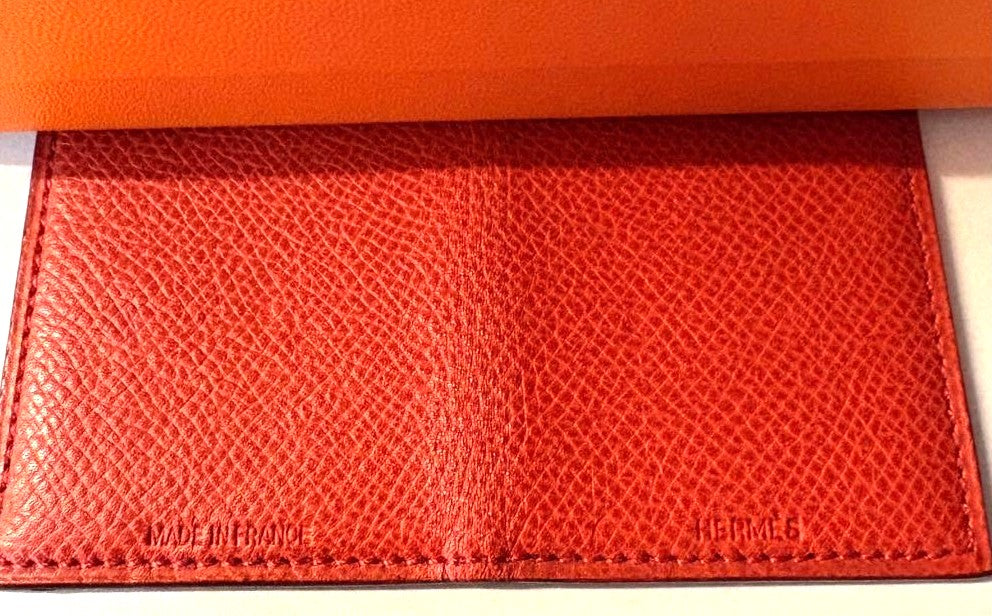 HERMES Card Case Mini Photo Holder Orange Leather Bifold 2.4x2.0in 6x5cm France