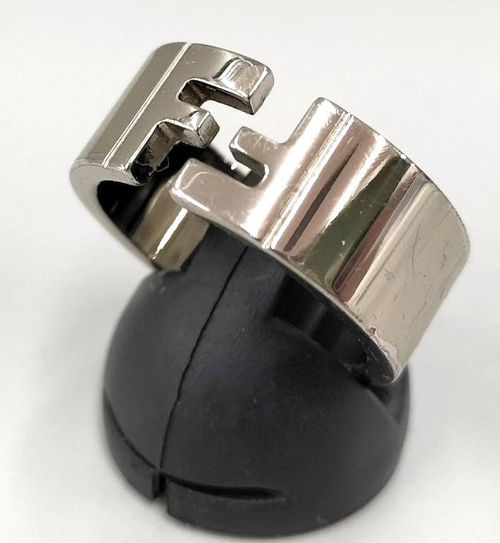 FENDI FF Logo Cutout Wide Band Ring Silver Tone US9 EU60 Made in Italy Preowned