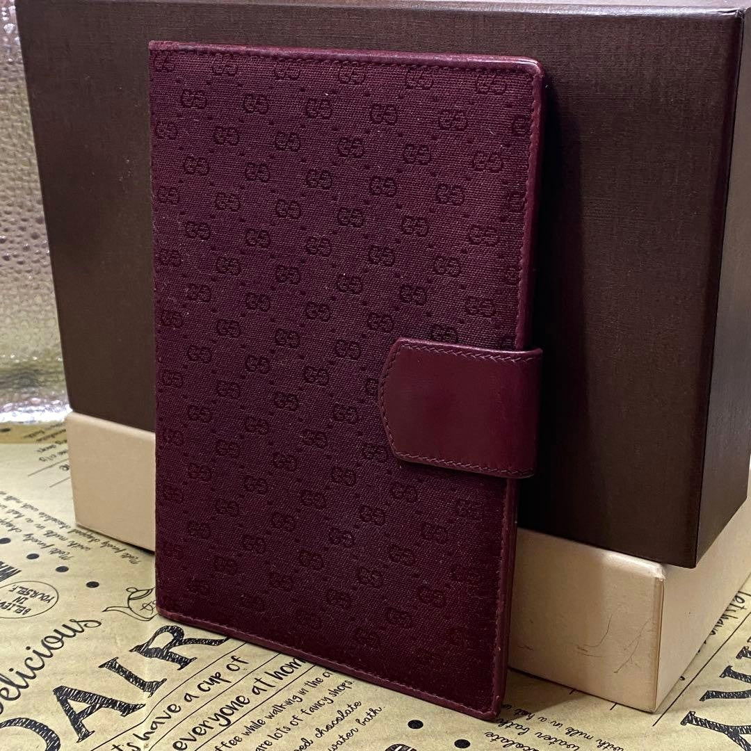 GUCCI Notebook Cover Vintage GG Canvas Business Planner Bordeaux Leather