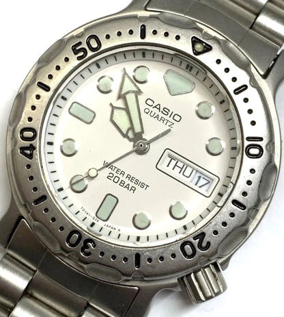 Casio MD-705 Quartz Diver Watch Day-Date 20 Bar Water Resist Silver Used Japan