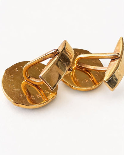 MICHAELA FREY WIEN Vintage Cufflinks Gold Tone Sphinx Round Design Austria Men