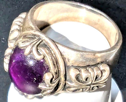 A&G Antique Silver 925 Ring Amethyst Cabochon Purple Stone Ornate VTG US11-11.5