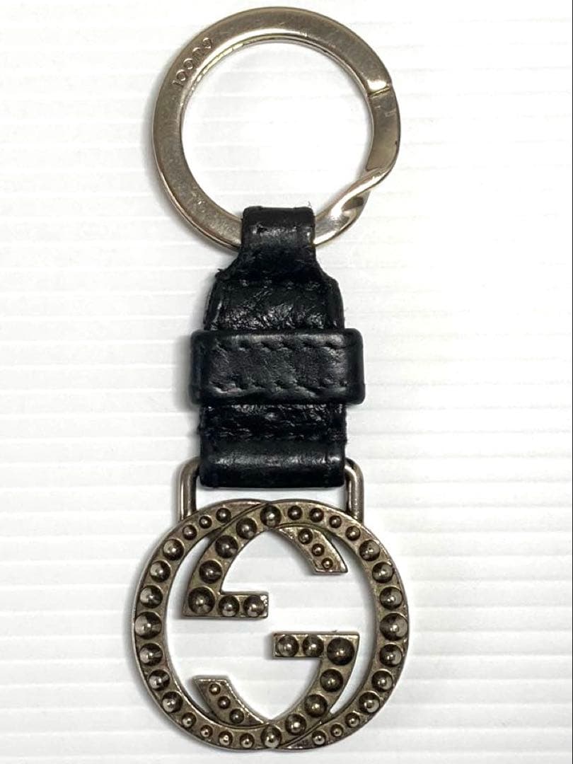 Gucci Auth Interlocking GG Logo Black Leather Keychain Key Ring Silver Used