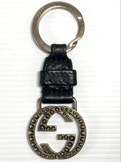 Gucci Auth Interlocking GG Logo Black Leather Keychain Key Ring Silver Used