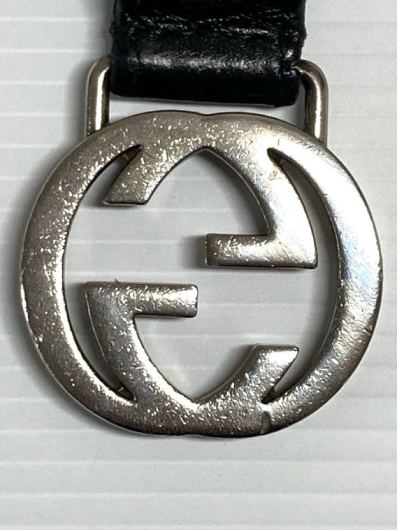 Gucci Auth Interlocking GG Logo Black Leather Keychain Key Ring Silver Used