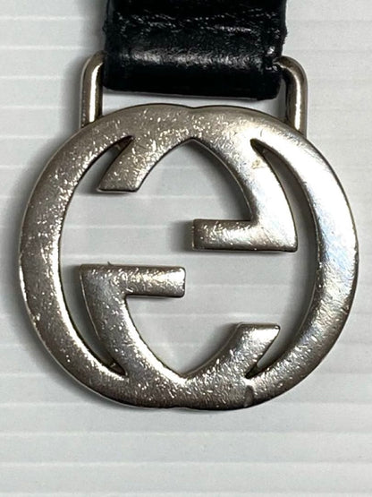 Gucci Auth Interlocking GG Logo Black Leather Keychain Key Ring Silver Used