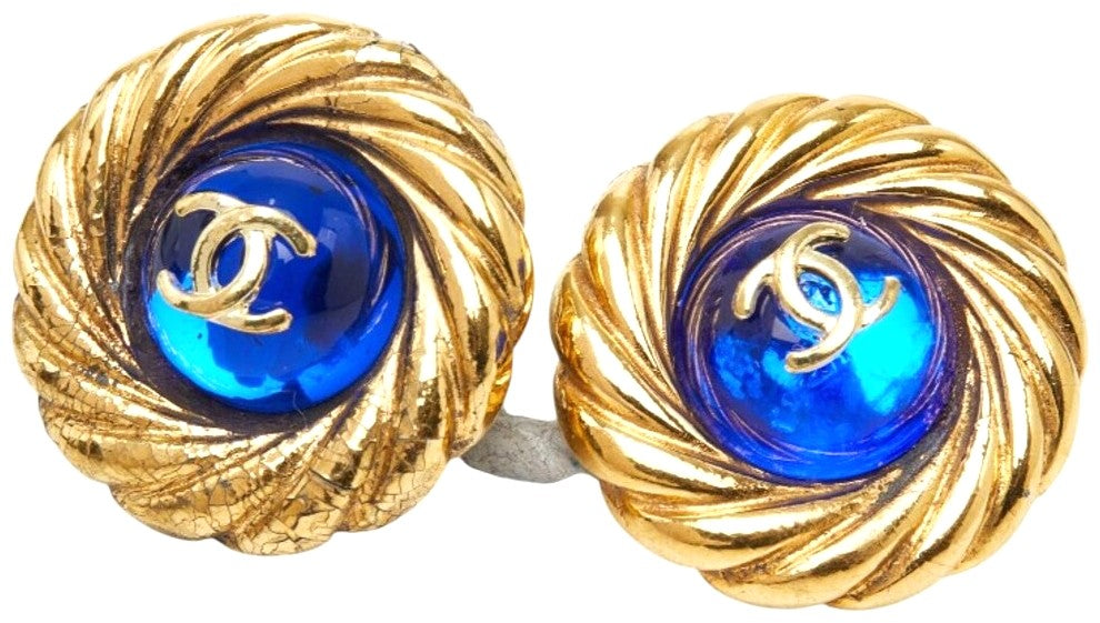 CHANEL CC Logo Gripoix Vintage Round Clip Earrings Gold Blue Glass France