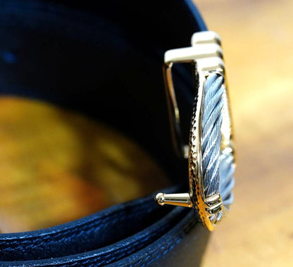 CHARRIOL Cable Buckle Leather Belt Black Gold Silver Hardware Made in France
