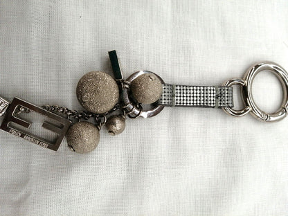 FENDI Logo Bag Charm Key Ring Keychain Silver Tone Metal Ball Chain Made Italy