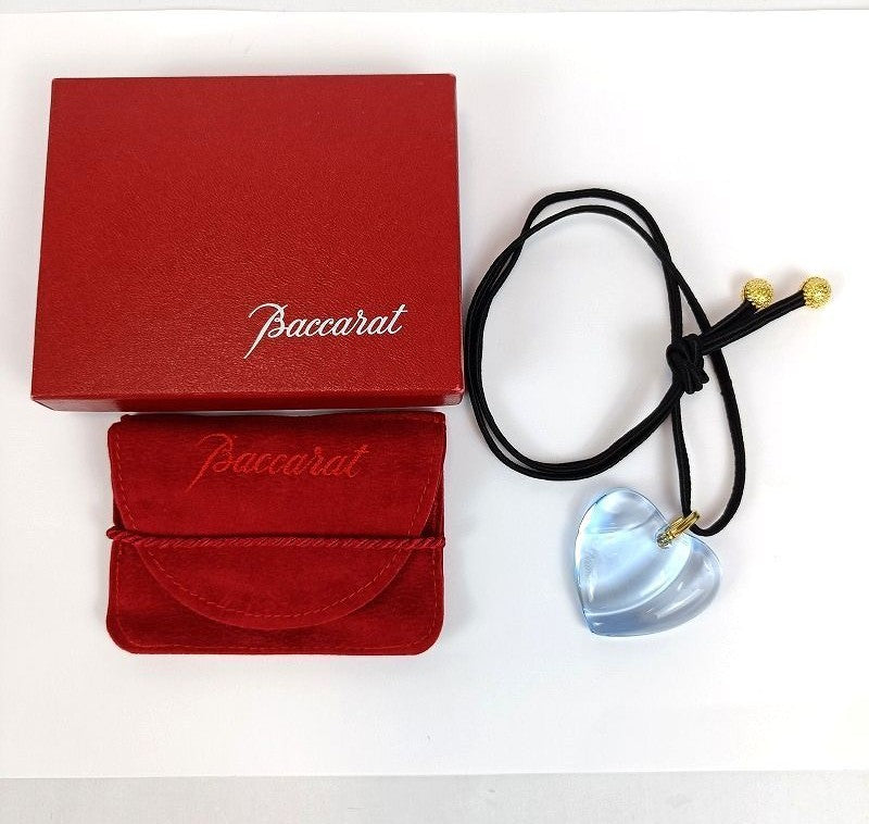 Baccarat Crystal Heart Pendant Necklace Blue Gold Tone Cord Lady's Box Pouch