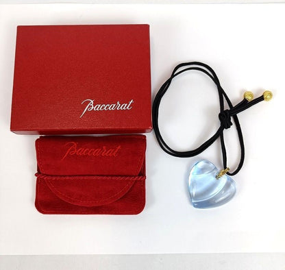 Baccarat Crystal Heart Pendant Necklace Blue Gold Tone Cord Lady's Box Pouch