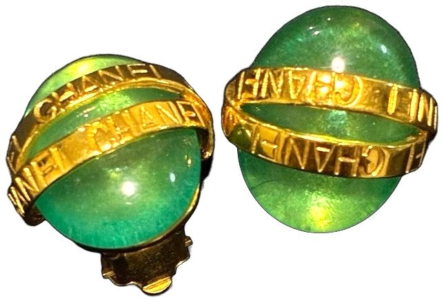 CHANEL Vintage Clip-On Earrings Green Gold Logo Ring Resin Authentic Used