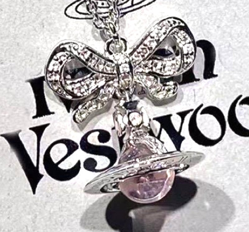 Vivienne Westwood Drop Ribbon Small Orb Necklace Silver Pink Crystal 40-45cm