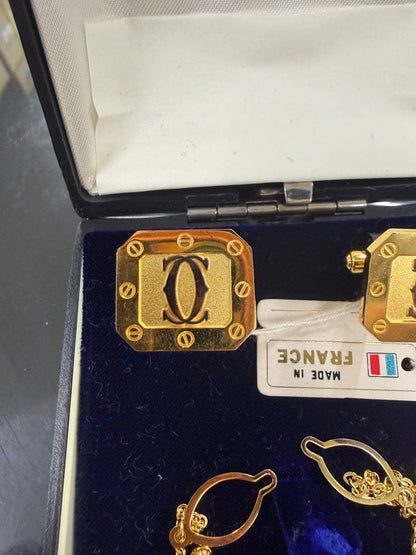 Cartier C de Cartier Cufflinks Set Gold Tone Square Logo France Vintage
