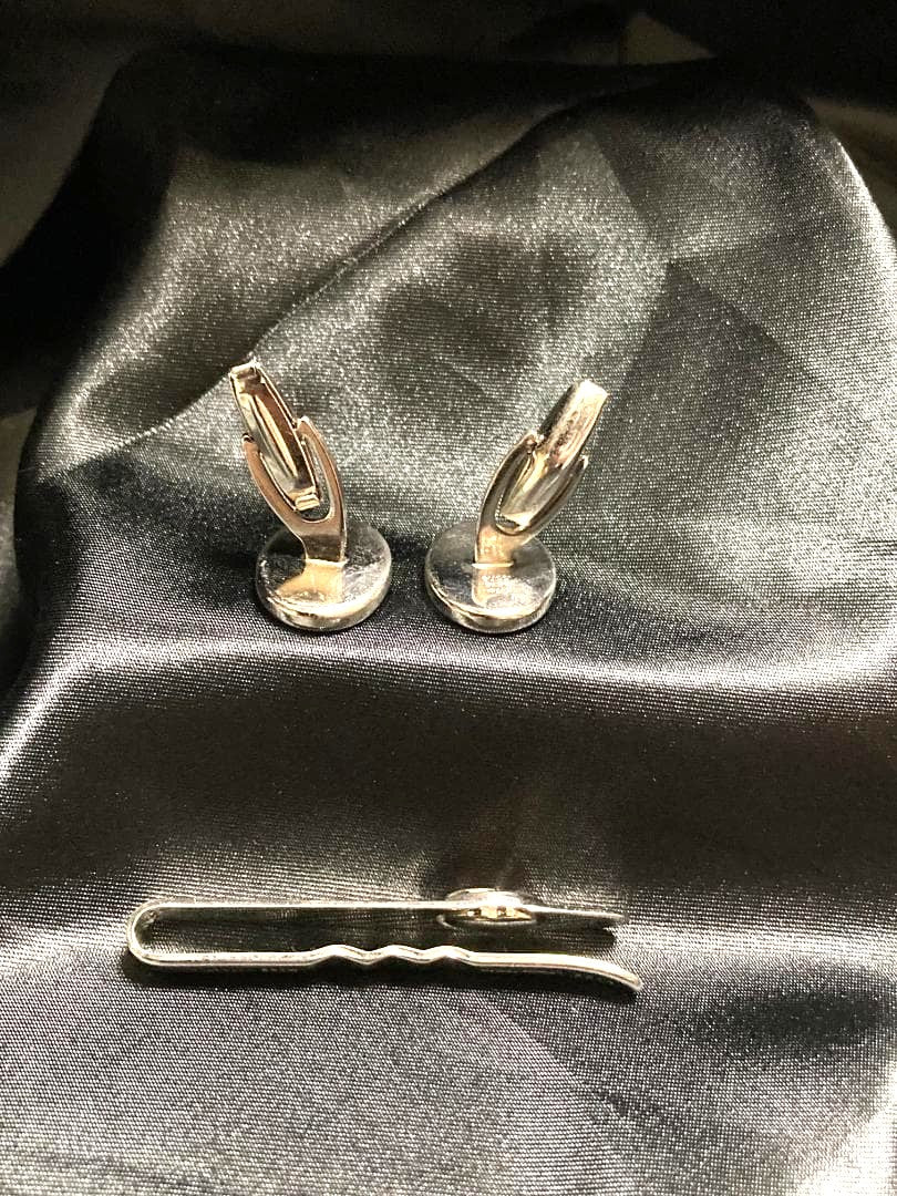 GUCCI Vintage Interlocking GG Sherry Line Cufflinks Tie Clip Set Silver Gold