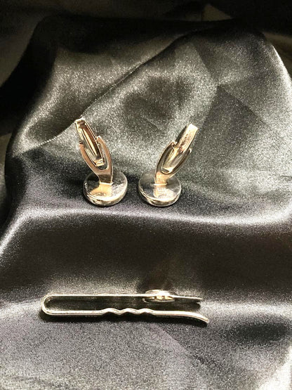 GUCCI Vintage Interlocking GG Sherry Line Cufflinks Tie Clip Set Silver Gold