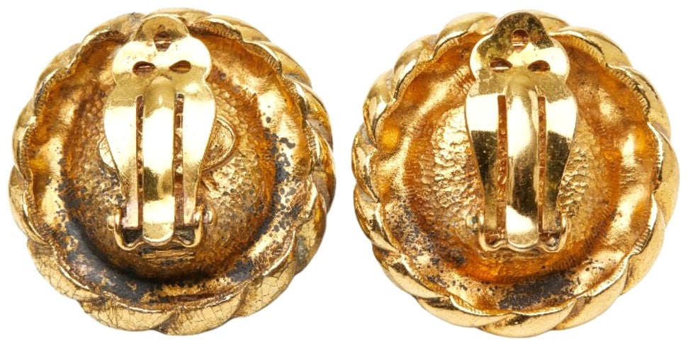 CHANEL CC Logo Gripoix Vintage Round Clip Earrings Gold Blue Glass France