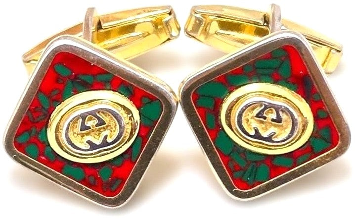 GUCCI GG Logo Cufflinks Red Green Cloisonne Enamel Gold Tone Vintage Authentic