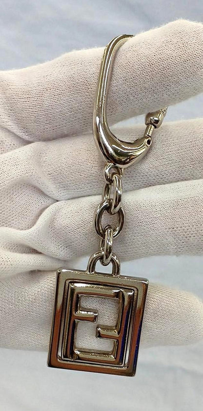 FENDI Zucca FF Logo Keychain Key Ring Charm Silver Tone Metal Italy Vintage