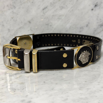 Gianni Versace Medusa Stud Black Leather Belt Gold Silver HW 120cm 47.2in Auth