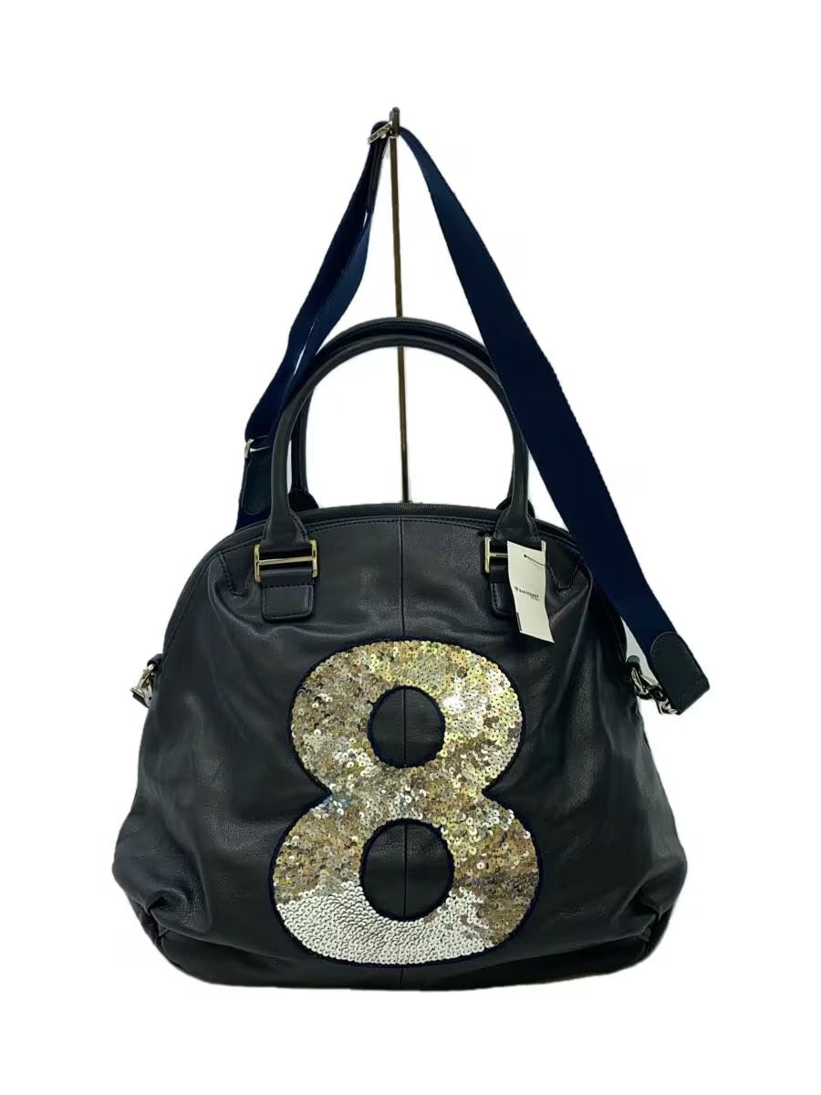 muta Navy Leather 2way Boston Tote Bag Sequin Number 8 Shoulder Strap Japan