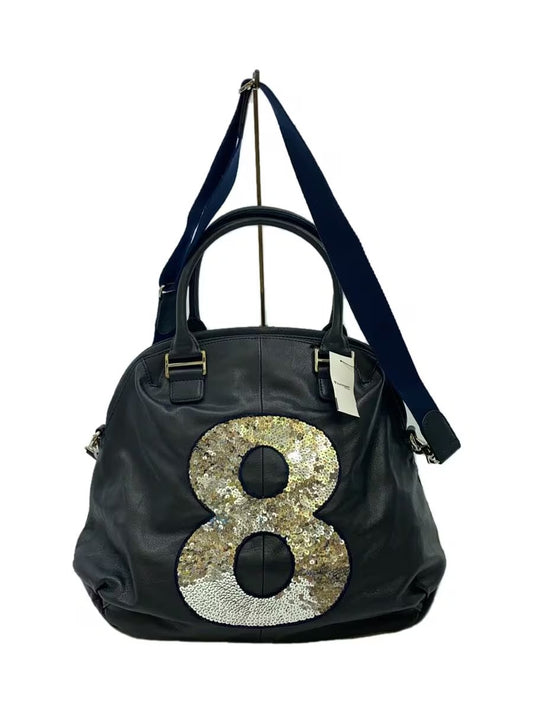 muta Navy Leather 2way Boston Tote Bag Sequin Number 8 Shoulder Strap Japan