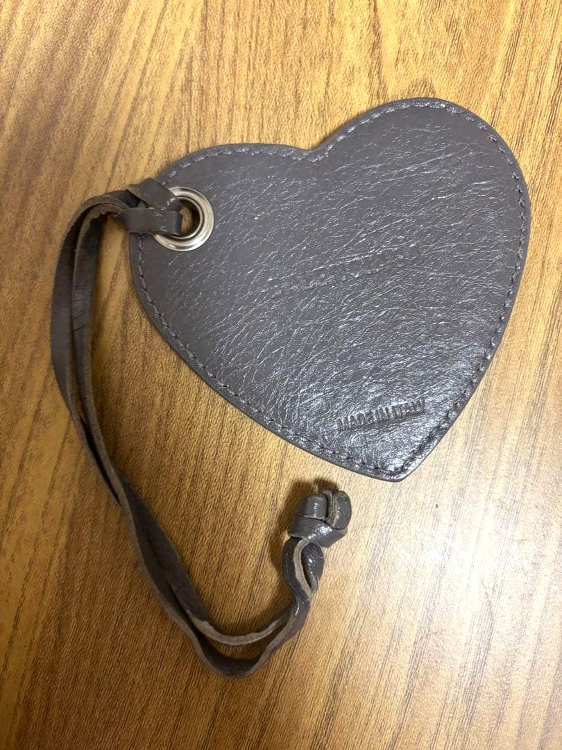 BALENCIAGA Heart Leather Bag Charm Mirror Keychain Gray Pendant Accessory Used