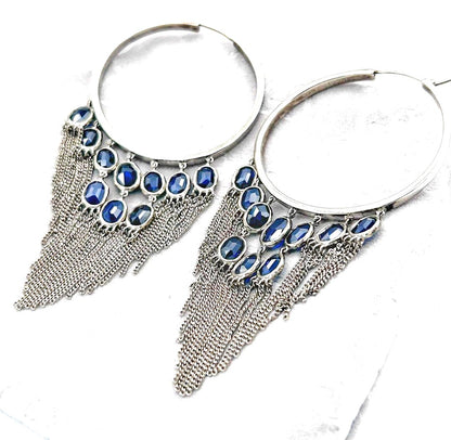 GUCCI 925 Silver Chandelier Hoop Earrings Navy Blue Stone Fringe Chain 9.5cm