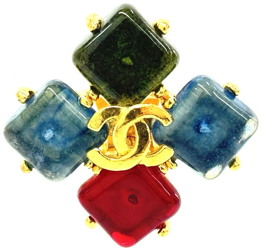 CHANEL 97A Gripoix CC Logo Clip-On Earring Single Multicolor Gold Vintage Auth