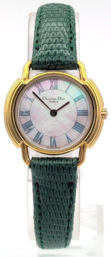 Christian Dior Paris Vintage Watch Shell Dial Gold Green Leather 25.8mm Swiss