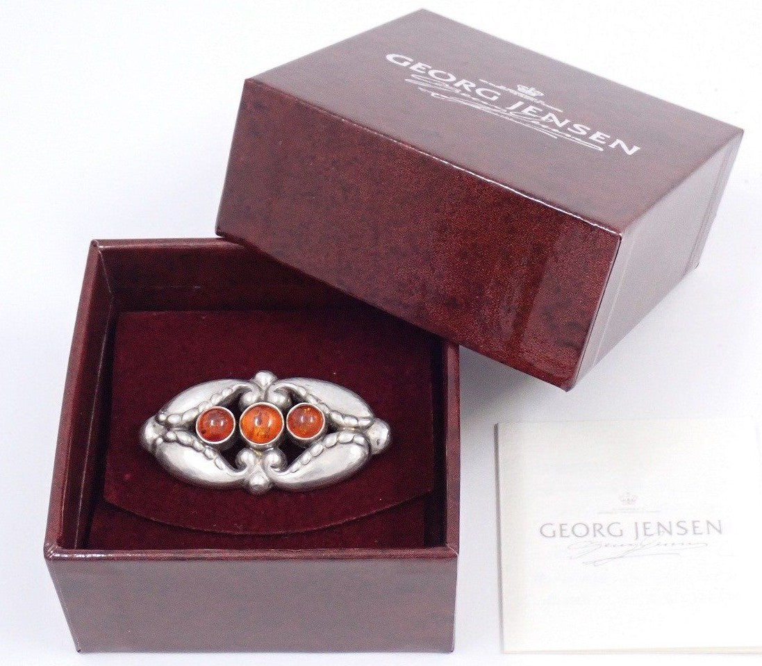 Georg Jensen #156 Brooch Silver 925 Amber Cabochon Art Nouveau Vintage Denmark