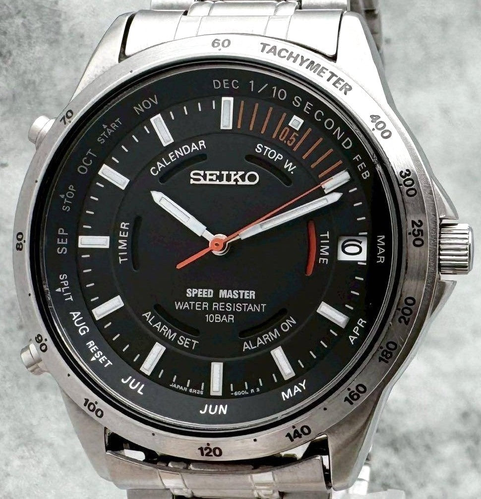 SEIKO Speed Master 6M26-6000 Black Dial Quartz Watch Steel 37.9mm Japan Used