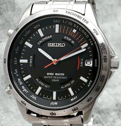 SEIKO Speed Master 6M26-6000 Black Dial Quartz Watch Steel 37.9mm Japan Used