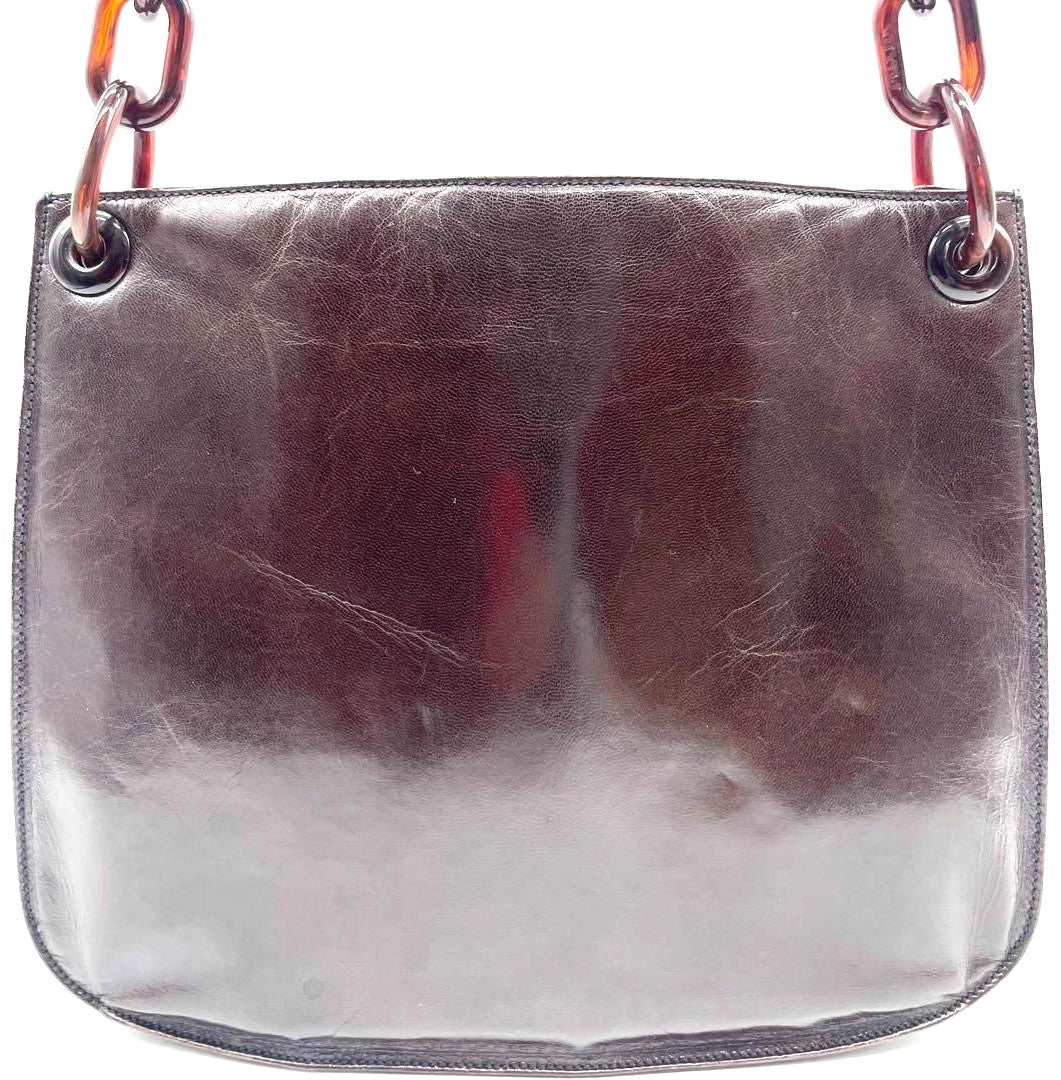 PRADA Milano Leather Shoulder Bag Brown Tortoise Plastic Chain Logo 30cm Auth