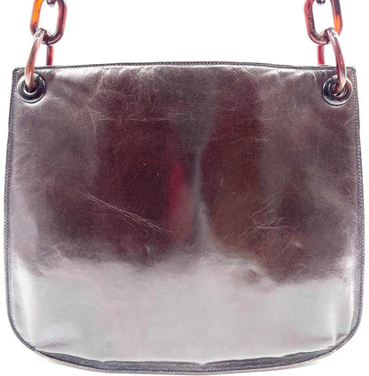 PRADA Milano Leather Shoulder Bag Brown Tortoise Plastic Chain Logo 30cm Auth
