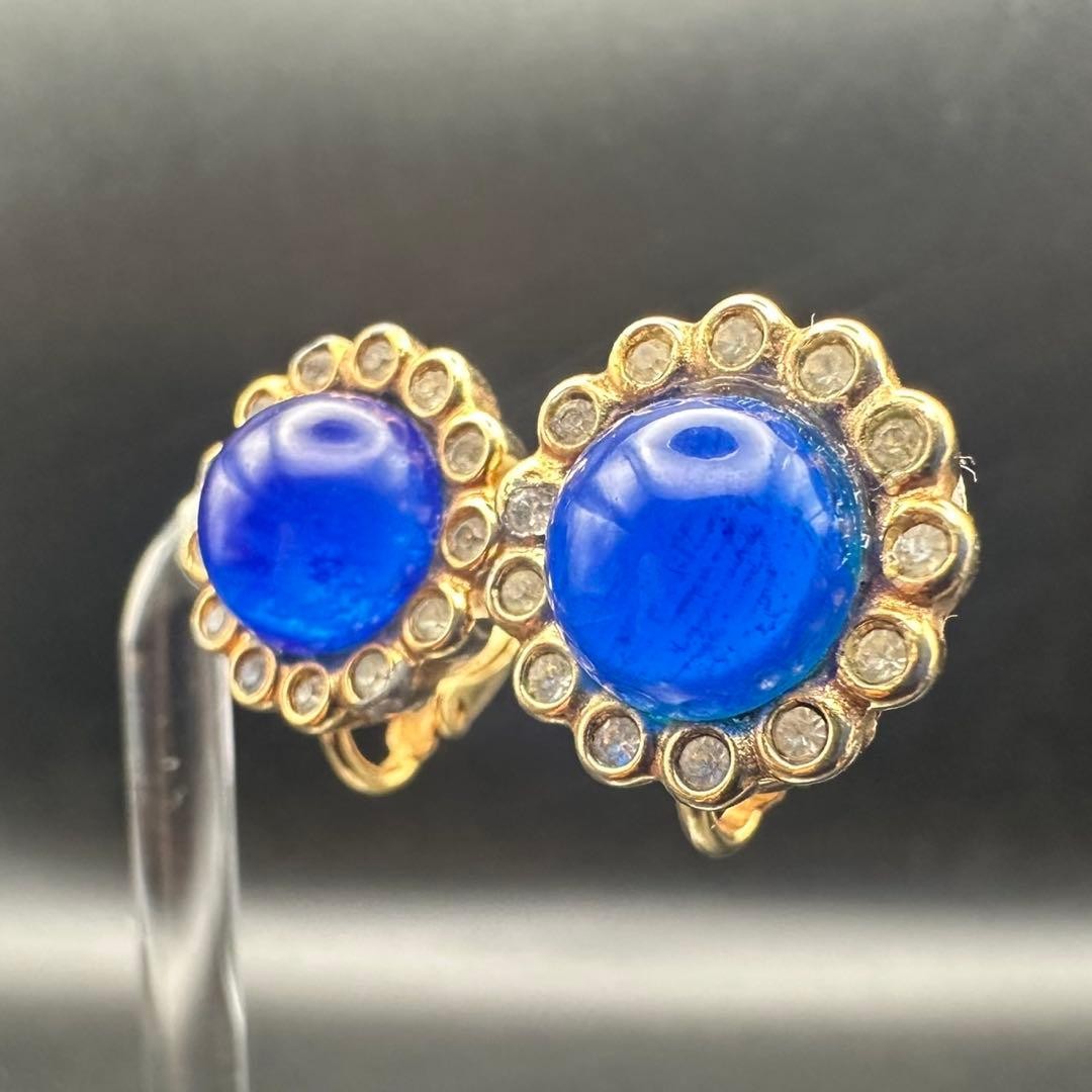 Christian Dior Gold Tone Metal Blue Stone Clip On Earrings 1.5 x 1.5cm