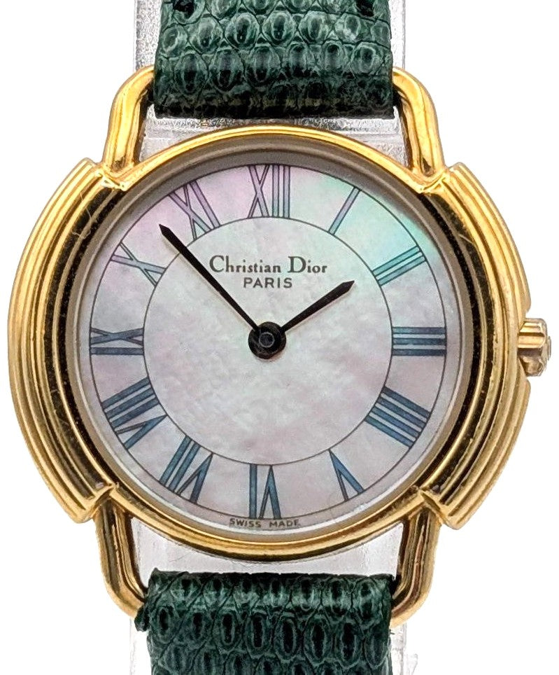 Christian Dior Paris Vintage Watch Shell Dial Gold Green Leather 25.8mm Swiss