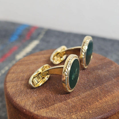 CELINE Carriage Logo Cufflinks Emerald Green Gold Tone Vintage Mens Accessory