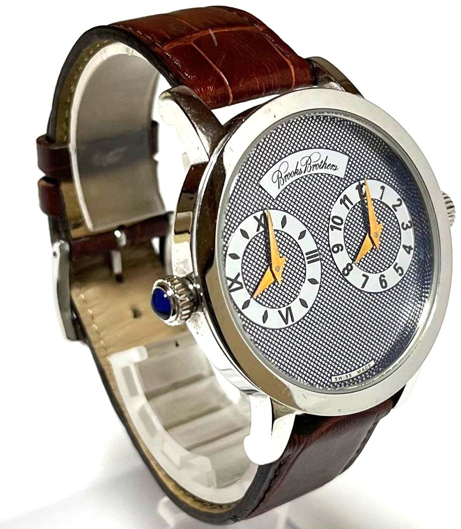Brooks Brothers Dual Time Zone Quartz Watch Blue Dial Brown Leather Swiss Made