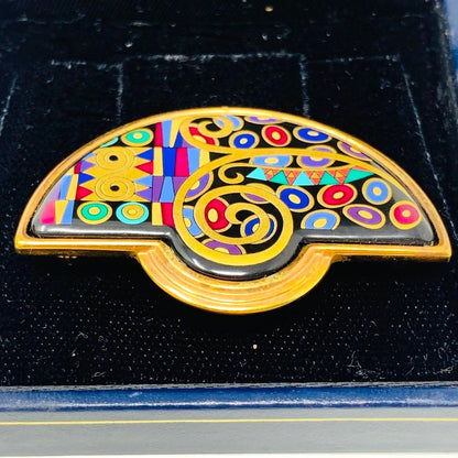 MICHAELA FREY WIEN Vintage Enamel Brooch Pin Geometric Fan Gold Tone Austria