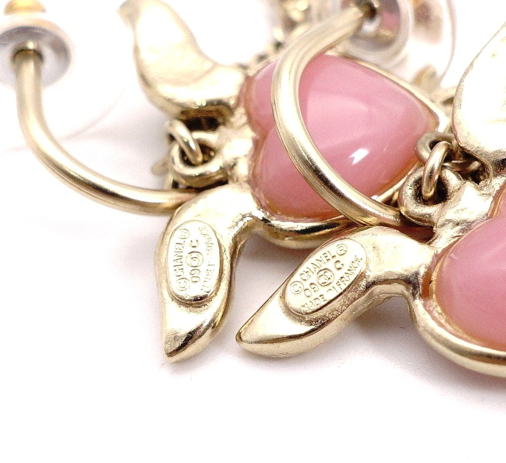 CHANEL CC Logo Heart Wing Hoop Earrings Gold Pink Resin Rhinestone Authentic